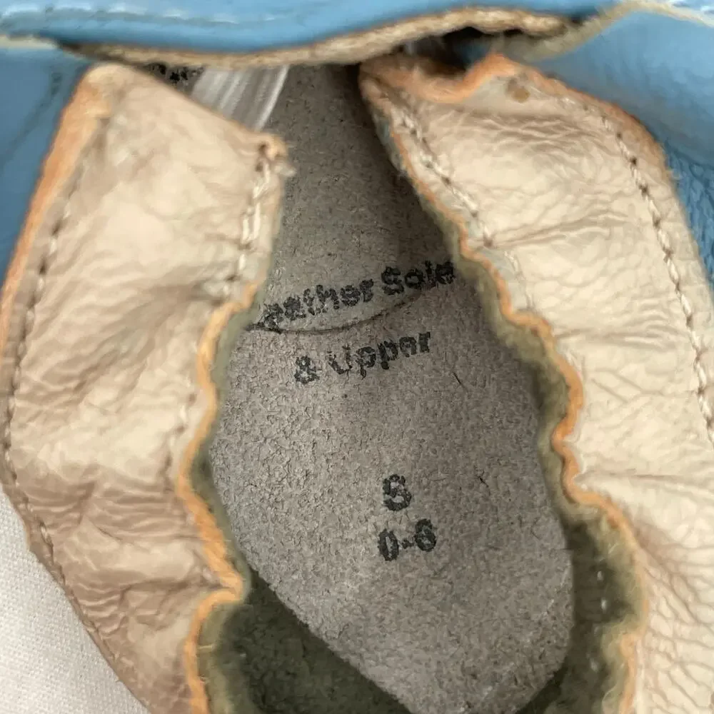 Puppy Shoes Blue Leather Baby Crib Soft Sole Slip On Footware Size 0-6 Months